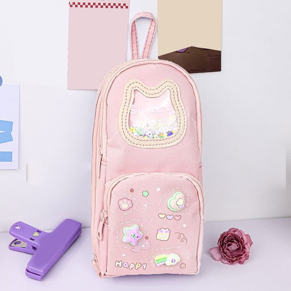 SHENGXINY Large Capacity Pencil Case, Pencil Pouch Portable Lanyard Multilayer Stationery Storage Bag Pink