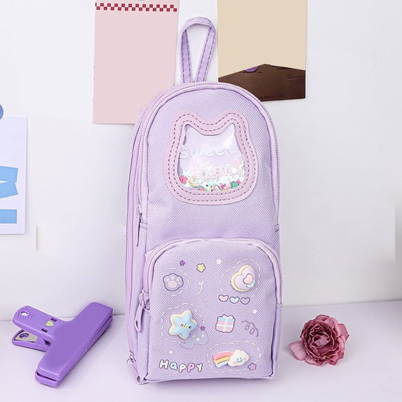 SHENGXINY Large Capacity Pencil Case, Pencil Pouch Portable Lanyard Multilayer Stationery Storage Bag Purple