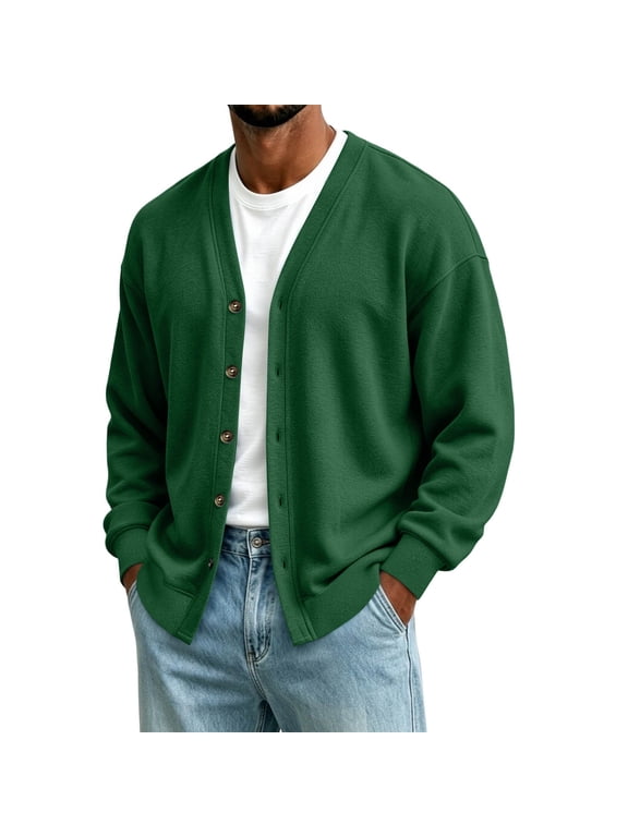 Men V Neck Button Down Loose Fit Sweater Cardigan Versatile Comfortable Open Front Outerwear for Fall Winter Army Green L