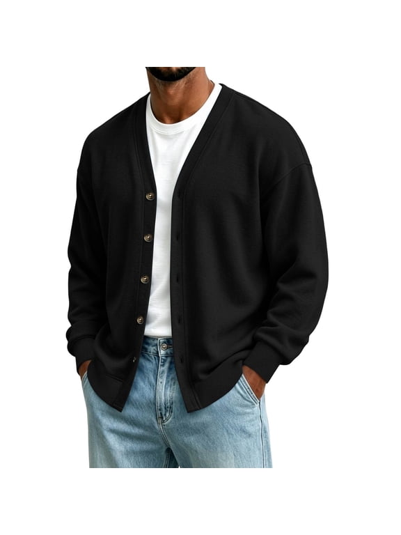 Men V Neck Button Down Loose Fit Sweater Cardigan Versatile Comfortable Open Front Outerwear for Fall Winter Black 3XL
