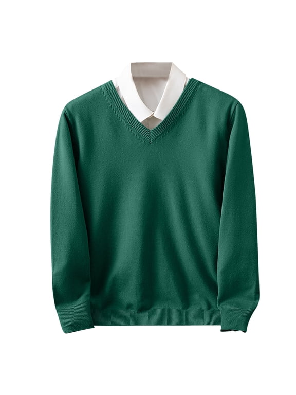 Men V Neck Knitted Pullover Sweater Solid Color Long Sleeve Slim Fit Casual Jumpers Knitted Top Winter Office Sweater Army Green L