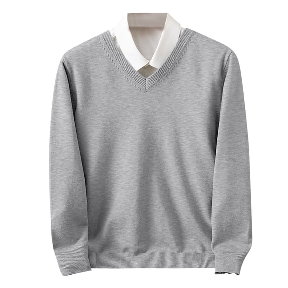 SHENGXINY Men V Neck Knitted Pullover Sweater Solid Color Long Sleeve Slim Fit Casual Jumpers Knitted Top Winter Office Sweater Gray 2XL