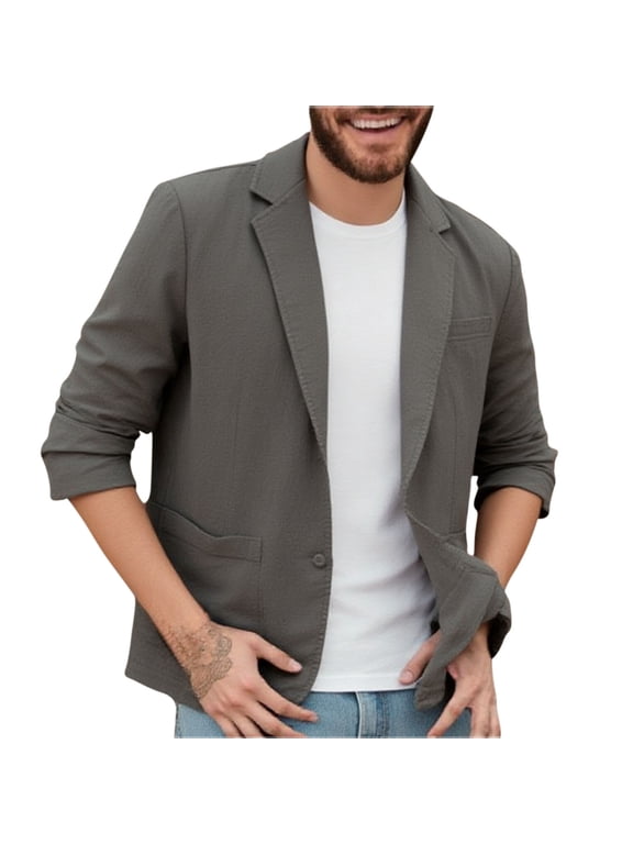 Mens Baggy Business Blazer Notched Lapel Open Front Solid Imitation Linen Long Sleeve Casual Lightweight Suit Jacket with Pockets