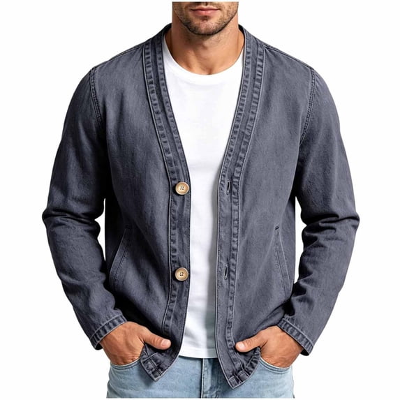 SHENGXINY Mens Denim Jacket Casual Button Down Jean Jackets Long sleeve Pockets Warm Cardigan Coat Loose Fit Winter Warm Outwear Christmas gift Black L