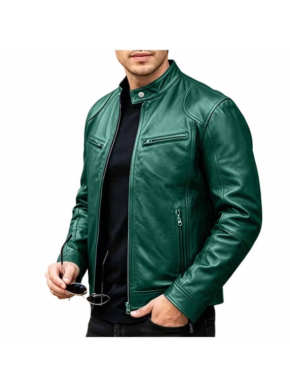Mens Faux Leather Jacket Stand Collar Zip Up Slim Fit PU Biker Jacket with Pockets Casual Lightweight Outerwear for Spring Fall Winter Army Green S