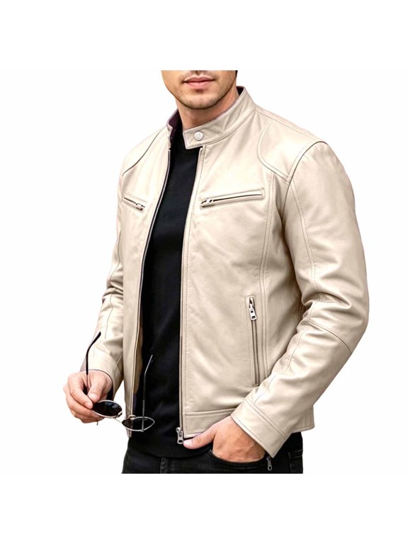 Mens Faux Leather Jacket Stand Collar Zip Up Slim Fit PU Biker Jacket with Pockets Casual Lightweight Outerwear for Spring Fall Winter Beige S