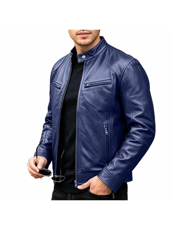 Mens Faux Leather Jacket Stand Collar Zip Up Slim Fit PU Biker Jacket with Pockets Casual Lightweight Outerwear for Spring Fall Winter Dark Blue S