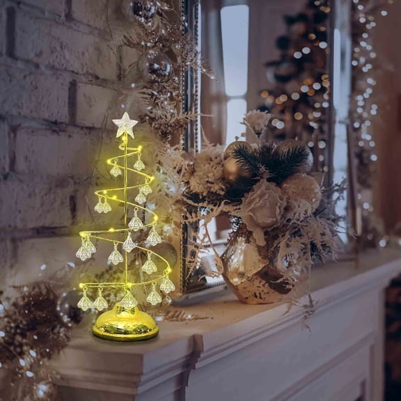 SHENGXINY Mini Christmas Tree with Lights,Gifts for Friends, Crystal Christmas Tree ,Copper Wire Night Lights,Christmas Decorations Gold 2.75x7.5in