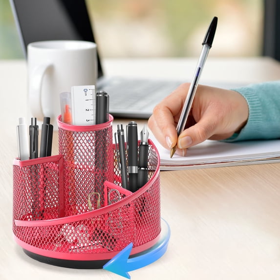 SHENGXINY Pen Holder for Desk, 360 Degree Rotating Pen Container, Stable Pen Bucket with Practical Desktop Storage Solution for Office and Home Red