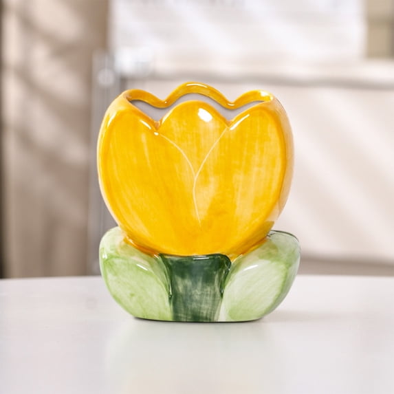 SHENGXINY Pen Holder for Desk Cute, Cute Flower Ceramic Desktop Organizer, Chinoiserie Style Personalized Pencil Pot for Makeup and Stationery Yellow