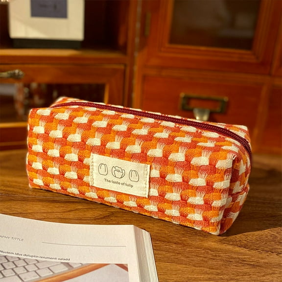 SHENGXINY Pencil Case, Large Capacity Pencil Pouch Ins Weaving Texture Stationery Storage Bag Yellow