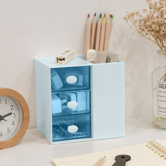 SHENGXINY Pencil Case, Pencil Pouch Desk Organizer with Drawer Multi-Functional Desktop Stationery Storage Blue