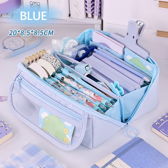 SHENGXINY Pencil Case, Pencil Pouch Japanese Korean Style Multi-Layer Cloth Stationery Storage Box Blue