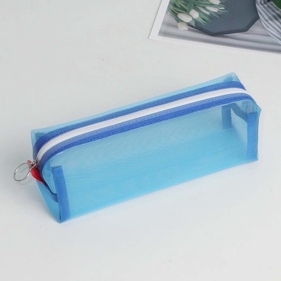SHENGXINY Pencil Case, Pencil Pouch Nylon Transparent Mesh Stationery Storage Organizer Blue