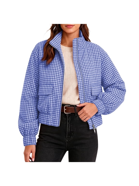 Plaid Jacket for Women Stand Collar Zip Up Cropped Outwear with Pockets Checkered Casual Long Sleeve Winter Fall Coat Blue S