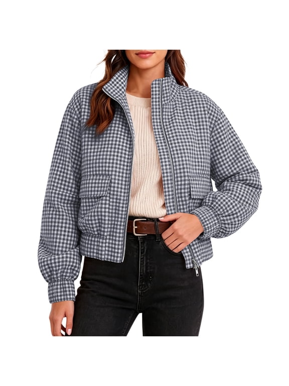 Plaid Jacket for Women Stand Collar Zip Up Cropped Outwear with Pockets Checkered Casual Long Sleeve Winter Fall Coat Gray L