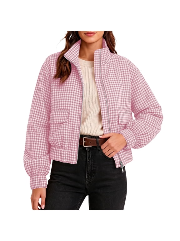 Plaid Jacket for Women Stand Collar Zip Up Cropped Outwear with Pockets Checkered Casual Long Sleeve Winter Fall Coat Pink S