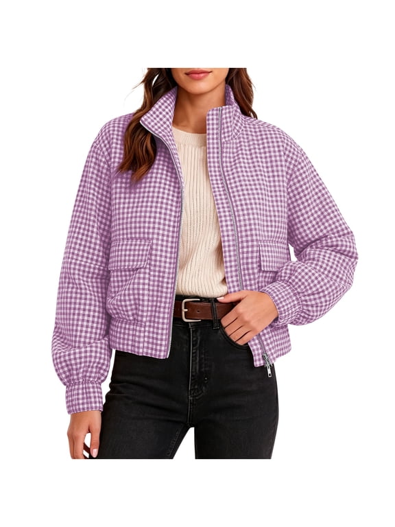 Plaid Jacket for Women Stand Collar Zip Up Cropped Outwear with Pockets Checkered Casual Long Sleeve Winter Fall Coat Purple S