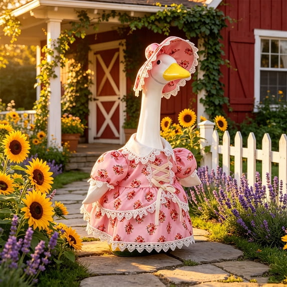 SHENGXINY Porch Goose Outfit, Floral Lace Ruffle Dress with Matching Lace-Trimmed Hat for Summer Yard Porch Decor Multicolor 23 in