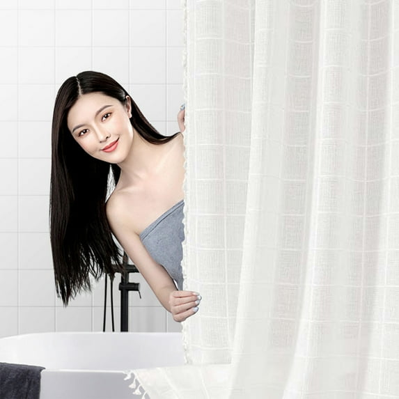 SHENGXINY Shower Curtain, Bohemian Farmside, Linen Heavy Duty, Striped Fabric, Tassel, Water-Repellent - Retro Home Bathroom Curtain White 71x71in