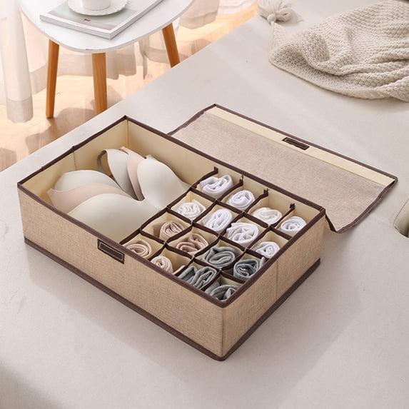 SHENGXINY Sock Underwear Storage Case with Lid, Shallow Drawer Dividers Drawer Organizer-Foldable Closet Storage Boxes for Hair Accessory, Tie Beige 17.32x11.42x4.92in
