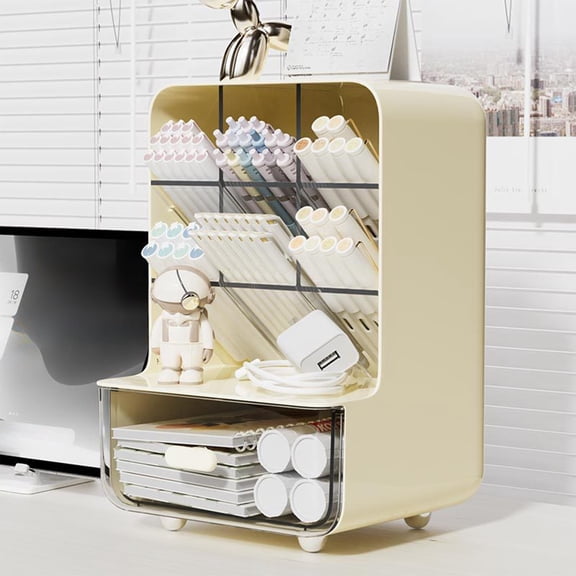 SHENGXINY Storage Bins with Lids,Slanted Storage Pen Case,7 Lattice Partition Desktop Storage Box for Dormitory Office Stationery Cosmetics Sundries Yellow 5.7x5.31x8.36in