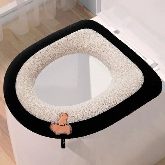 SHENGXINY Toilet Seat Cover Pads Stretchable Washable, Fluffy Thick Toilet Seat Cushion with Zipper Waterproof Home Use Black 16.14x14.96in