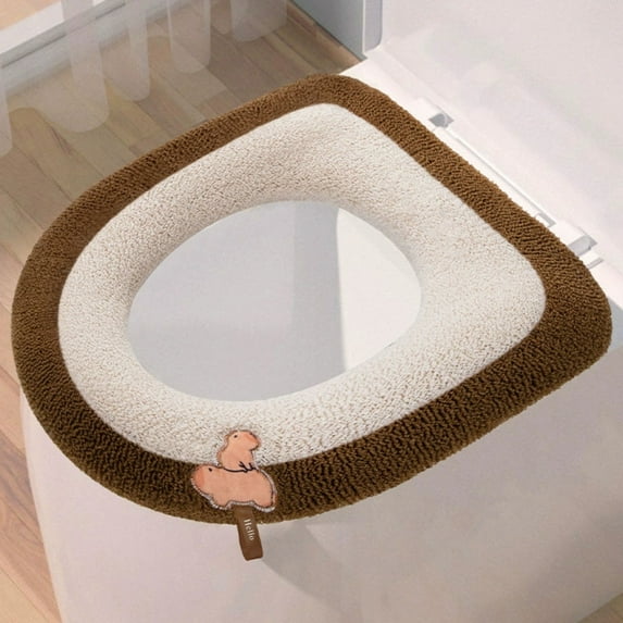 SHENGXINY Toilet Seat Cover Pads Stretchable Washable, Fluffy Thick Toilet Seat Cushion with Zipper Waterproof Home Use Coffee 16.14x14.96in