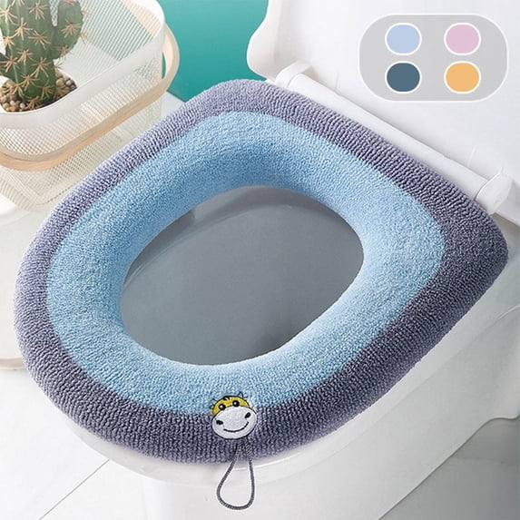 SHENGXINY Toilet Seat Cover Pads Stretchable Washable, Premium Thick Knitted Warm Washable Toilet Seat Mat Blue 17.3x14.2in