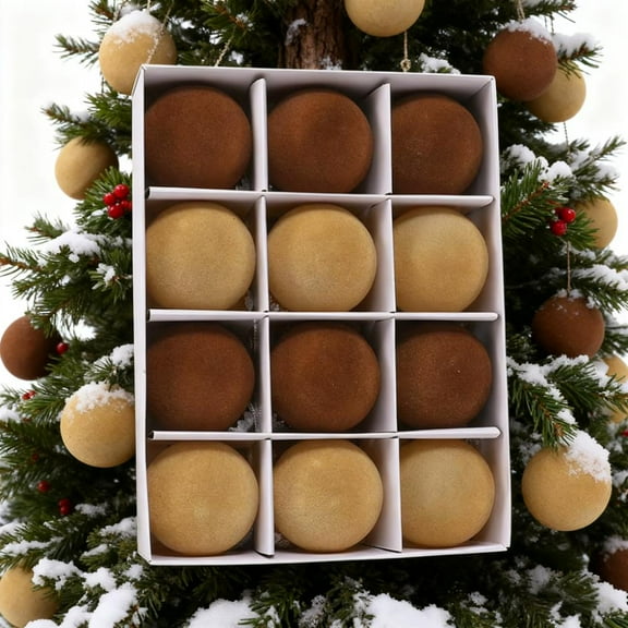 SHENGXINY Velvet Christmas Ornaments 12 Pcs Velvet Christmas Balls Flocked Christmas Tree Ball Ornaments Balls Xmas Decorative Hanging Ornaments Christmas Tree Decoration Brown