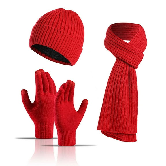 SHENGXINY Winter Warm Wool Hats Sets for Men and Women Men and Women Knitted Thick Warmth Woolen Hat Scarf Gloves Three-piece Suit Red