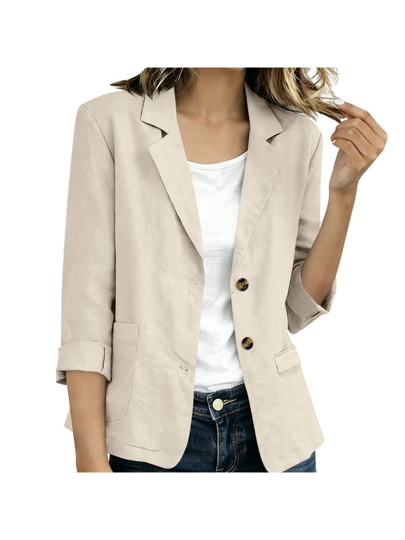 Women Cotton Blend 3/4 Sleeve Blazer Jacket Solid Lightweight Open Front Suit Jacket Business Work Cardigan Coat