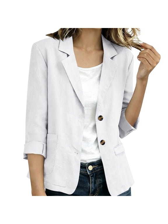 Women Cotton Blend 3/4 Sleeve Blazer Jacket Solid Lightweight Open Front Suit Jacket Business Work Cardigan Coat