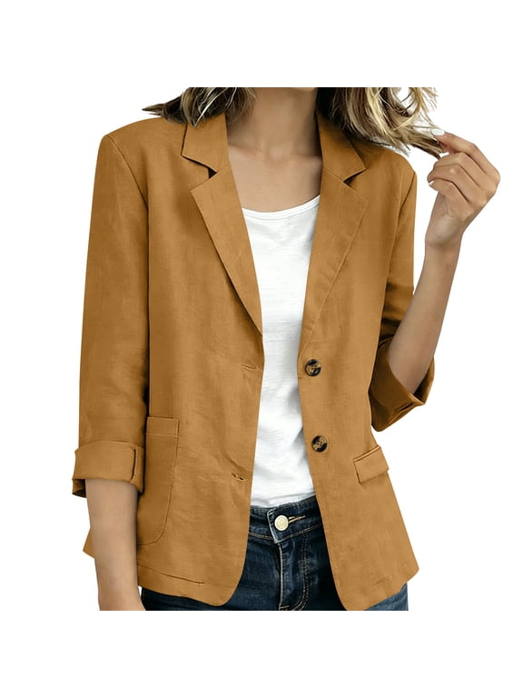 Women Cotton Blend 3/4 Sleeve Blazer Jacket Solid Lightweight Open Front Suit Jacket Business Work Cardigan Coat