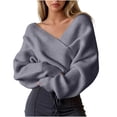 thumbnail image 1 of SHENGXINY Women Cross V Neck Off Shoulder Knitted Sweaters Long Sleeve Oversized Jumper Casual Fashion Top for Fall Winter Gray M, 1 of 6