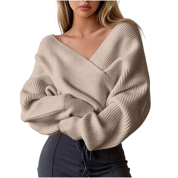 SHENGXINY Women Cross V Neck Off Shoulder Knitted Sweaters Long Sleeve Oversized Jumper Casual Fashion Top for Fall Winter Khaki S