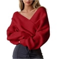 thumbnail image 1 of SHENGXINY Women Cross V Neck Off Shoulder Knitted Sweaters Long Sleeve Oversized Jumper Casual Fashion Top for Fall Winter Red XL, 1 of 6