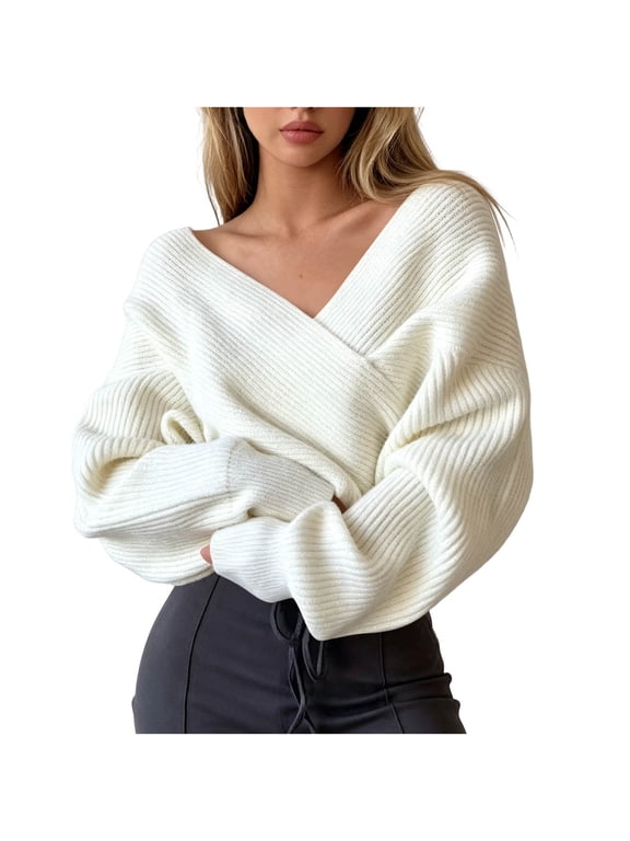 Women Cross V Neck Off Shoulder Knitted Sweaters Long Sleeve Oversized Jumper Casual Fashion Top for Fall Winter White S