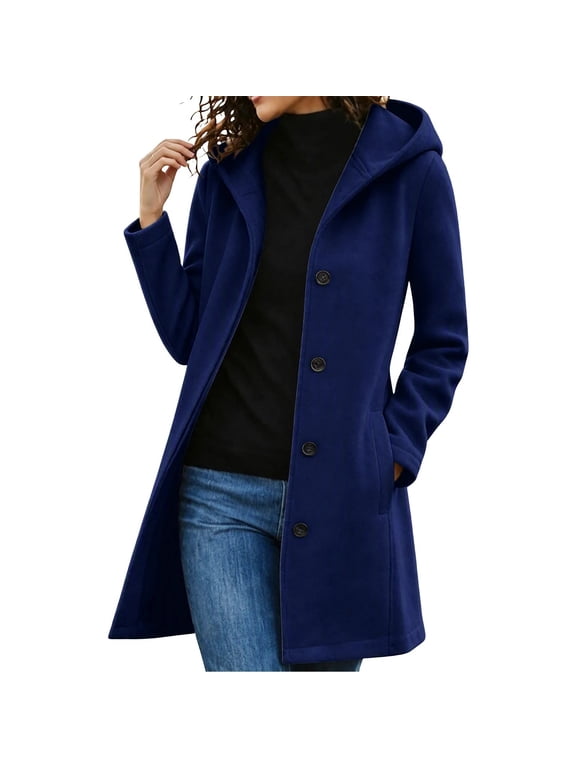 Women's Button Up Pea Coat Hooded Button Down Mid Length Trench Coat Winter Fall Warm Woolen Blend Top Clothes Dark Blue M