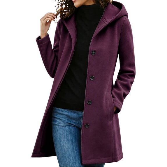 SHENGXINY Women's Button Up Pea Coat Hooded Button Down Mid Length Trench Coat Winter Fall Warm Woolen Blend Top Clothes Wine M