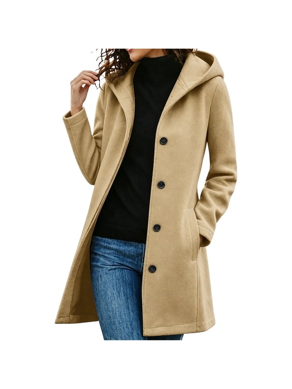 Women's Button Up Pea Coat Hooded Button Down Mid Length Trench Coat Winter Fall Warm Woolen Blend Top Clothes Yellow S