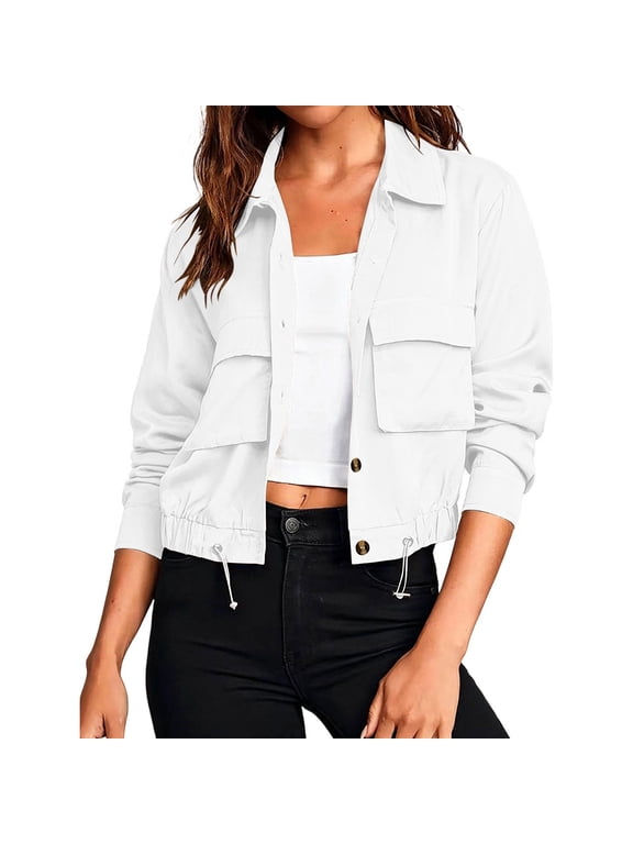 Women's Collared Button Down Cropped Jacket Loose Fit Lightweight Drawstring Hem Shacket Outdoor Athletic Clothes for Travel White M