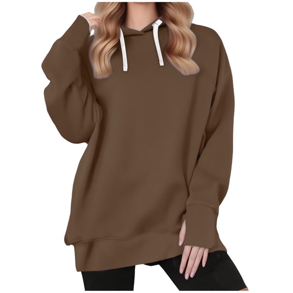 SHENGXINY Women's Drawstring Hooded Sweatshirt Long Sleeve Oversized Hoodie Layered Hem Casual Pullover Fall Winter Daily Tops Brown 2XL