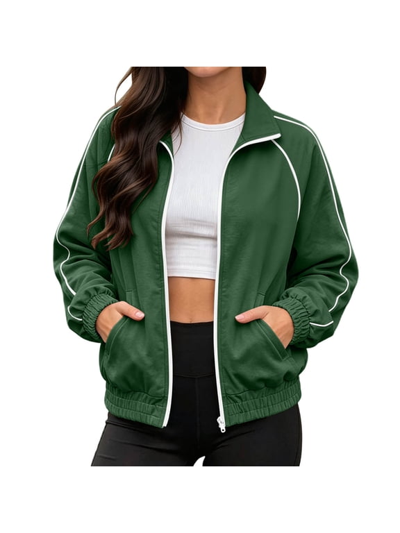 Women's Full Zip Track Jacket Long Sleeve Collared Activewear Outwear Elastic Hem Lightweight Relaxed Fit Outfit Green S