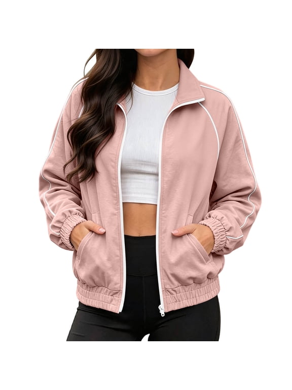 Women's Full Zip Track Jacket Long Sleeve Collared Activewear Outwear Elastic Hem Lightweight Relaxed Fit Outfit Pink 3XL