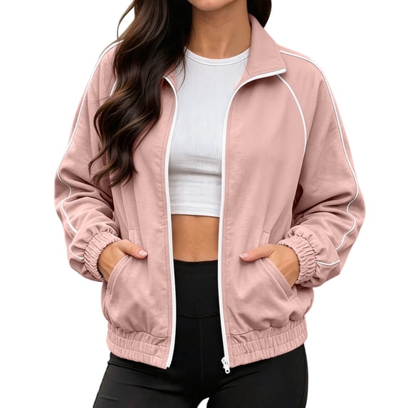 SHENGXINY Women's Full Zip Track Jacket Long Sleeve Collared Activewear Outwear Elastic Hem Lightweight Relaxed Fit Outfit Pink L