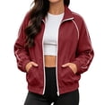 thumbnail image 1 of SHENGXINY Women's Full Zip Track Jacket Long Sleeve Collared Activewear Outwear Elastic Hem Lightweight Relaxed Fit Outfit Wine M, 1 of 8