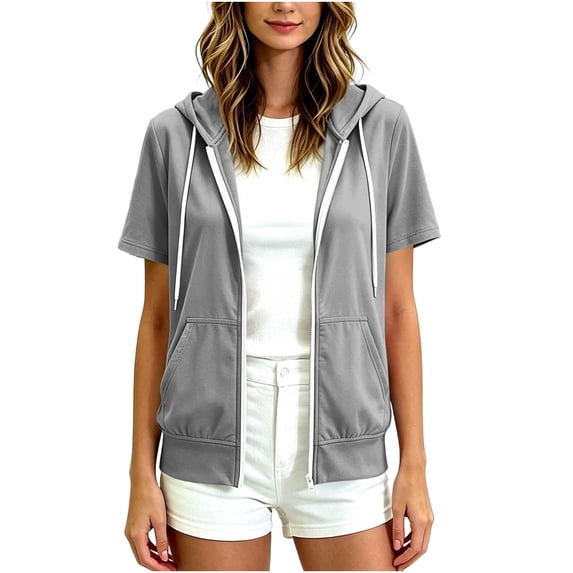 SHENGXINY Women's Lightweight Short Sleeve Hoodies Full Zip Up Oversized Hooded Sweatshirts with Pockets Thin Casual Jackets Fall Spring Hoodie Gray M