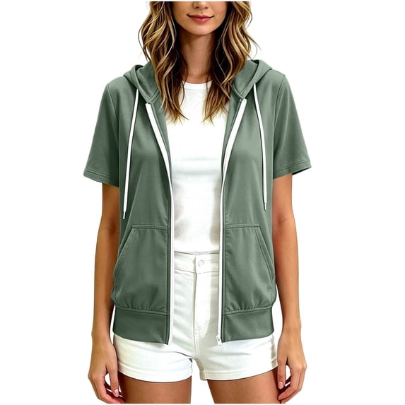 SHENGXINY Women's Lightweight Short Sleeve Hoodies Full Zip Up Oversized Hooded Sweatshirts with Pockets Thin Casual Jackets Fall Spring Hoodie Mint Green M
