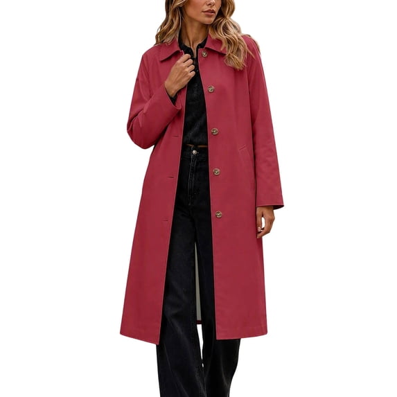 SHENGXINY Women's Long Button Trench Coat Lapel Lined Kneee Length Long Sleeve Windproof Outwears Casual Jacket for Work Daily Wear Fall Winter Wine XL
